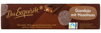 Das Exquisite Gianduja z orzechami laskowymi. Ciemna nougatowa czekolada Fairtrade, widoczne orzechy, przód opakowania.