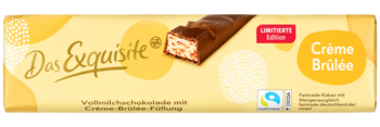 Żółte opakowanie batonu Das Exquisite Crème Brûlée, edycja limitowana, z widoczną mleczną czekoladą i karmelem.