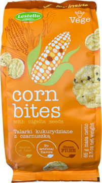 Pomarańczowa paczka Lestello Vege Talarki kukurydziane z czarnuszką, bezglutenowe. Widok z przodu.