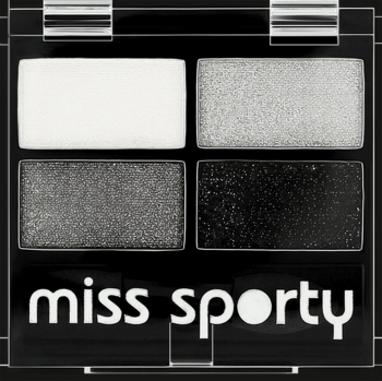 Otwarta paleta cieni Miss Sporty Studio Colour Quattro Real Smoky: 4 metaliczne cienie (biały, srebrny, szary, czarny).