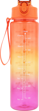 Gradient orange-pink water bottle, orange flip-top lid, time and volume markers for daily hydration, frontal view.