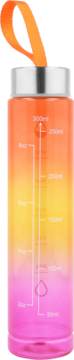 Gradient pomarańczowo-żółto-różowa butelka na wodę z miarką, srebrnym korkiem i pomarańczowym uchwytem, widok z przodu.