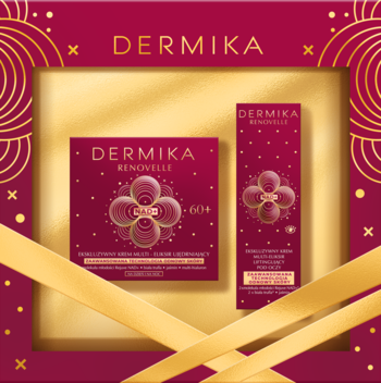 Dermika Renouvelle 60+ zestaw prezentowy z odmładzającym kremem i serum w złoto-bordowym pudełku.