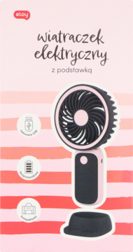 Front opakowania Eloy: różowo-czarny kieszonkowy wentylator elektryczny z podstawką, ładowany USB.