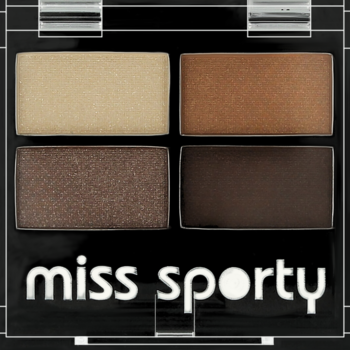 Miss Sporty Studio Colour Quattro Smoky Brown nr 403. Czarna paleta z 4 cieniami: beż perłowy, brąz mat, brąz perłowy, ciemny brąz mat.