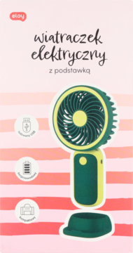 Eloy, zielono-żółty wiatraczek elektryczny z podstawką, widok z przodu na różowo-białym opakowaniu produktu.