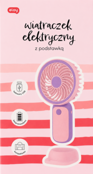 Eloy wiatraczek elektryczny różowo-fioletowy z podstawką, widoczny na różowym opakowaniu w paski.