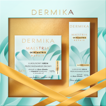 Zestaw Dermika Maestria Skin Matrix Repair: krem i serum przeciwzmarszczkowe w turkusowo-złotym pudełku.