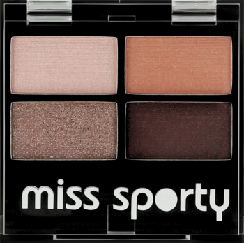 Paleta cieni Miss Sporty Studio Colour Quattro 408 Smoky Rose, cztery metaliczne i matowe cienie w czarnym opakowaniu.