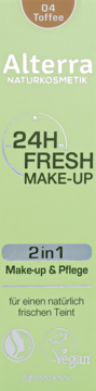 Alterra Naturkosmetik 24H Fresh Make-up 2w1, 04 Toffee. Zielone opakowanie widoczne z przodu, wegańskie.