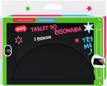 Eloy różowy tablet do rysowania z rysikiem, widok z przodu w barwnej zielono-różowej ramce 'Try Me'.