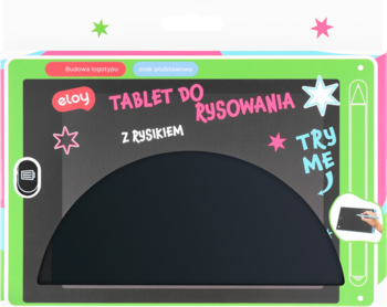 Eloy tablet do rysowania z rysikiem, w kolorowym zielono-różowym opakowaniu, z czarnym ekranem i logo.