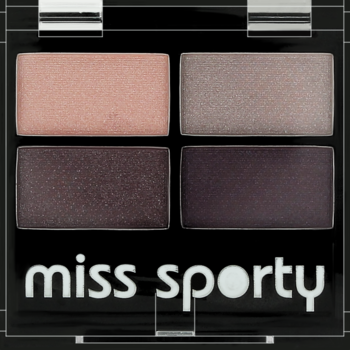 Miss Sporty Studio Colour Quattro Eye Shadow, czarna paletka z góry. Cztery metaliczne cienie: beżowy, taupe, ciemny śliwkowy, fioletowy.