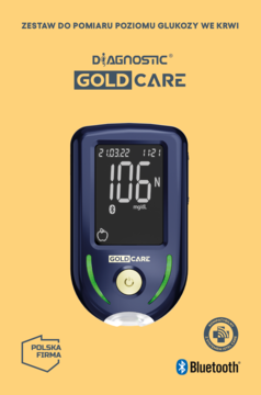 Granatowy glukometr Diagnostic Gold Care z ekranem '106 mg/dL' i logo Bluetooth, na żółtym tle.