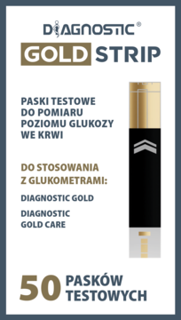 Opakowanie Diagnostic Gold Strip, 50 pasków testowych do pomiaru glukozy we krwi, przód.