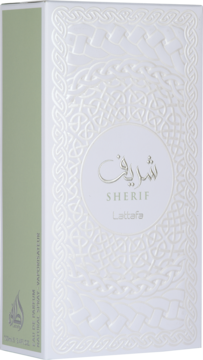 Białe, wytłaczane pudełko perfum Sherif Lattafa z jasnozielonym bokiem, widok z przodu i z lewej strony.