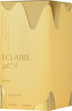 Złote, faliste pudełko perfum Lattafa Eclaire Banoffi 100ml, widok z przodu pod lekkim kątem.
