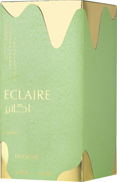 ECLAIRE PISTACHE Lattafa, perfumy, zielone pudełko ze złotymi falami, orientalna wanilia z pistacją i kokosem, widok z przodu.