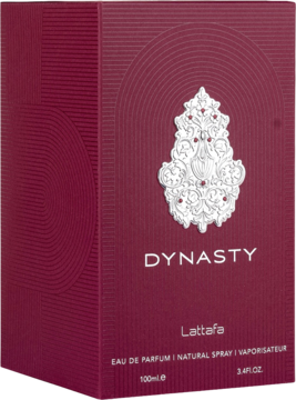 Bordowe opakowanie perfum Lattafa Dynasty z metalicznym srebrnym emblematem, widok z przodu pod kątem.