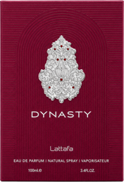 Lattafa Dynasty woda perfumowana, bordowe pudełko z ozdobnym srebrnym emblematem, czerwone detale, widok z przodu.
