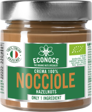 Słoik ECONOCE 100% kremu z orzechów laskowych, tylko 1 składnik, z zieloną etykietą, widok z przodu.