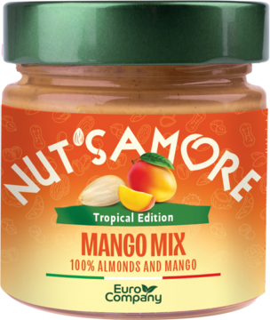 Słoik kremu NUT'S AMORE Mango Mix 100% migdałów i mango. Zielona nakrętka, pomarańczowa etykieta, widok z przodu.