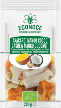 ECONOCE MIX: mango, kokos i orzechy nerkowca w białej torebce z przezroczystym oknem, widok z przodu.