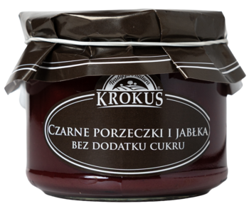 Słoik powideł Krokus Czarne Porzeczki i Jabłka Bez Dodatku Cukru, ciemna etykieta, widok z przodu lekko pod kątem.