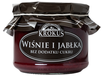 Słoik powideł Krokus Wiśnie i Jabłka bez cukru. Ciemnoczerwone, z czarną etykietą, widok frontalny.