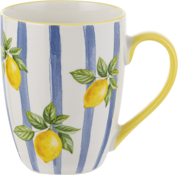 Kubek ceramiczny z cytrynami i niebieskimi pionowymi paskami, z żółtym uchwytem, widok z przodu.