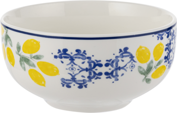 Biała ceramiczna miska z cytrynowym wzorem i niebieskim ornamentem, widok z przodu, granatowa obwódka.