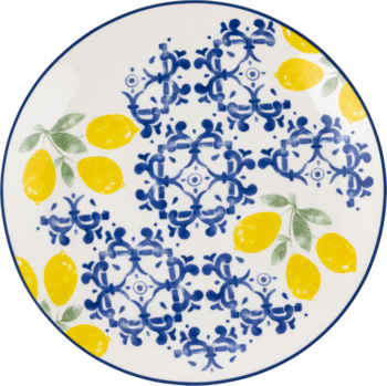 Okrągły talerz ceramiczny z cytrynowym wzorem i niebieskimi ornamentami, widok z góry.