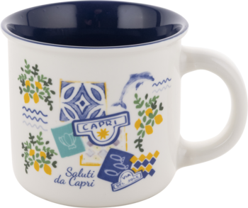 Biały kubek ceramiczny z granatowym wnętrzem, zdobiony wzorami cytryn i tekstem 'Saluti da Capri', widok z przodu.
