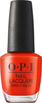 O.P.I. lakier do paznokci w żywym, koralowym odcieniu. Szklana butelka z czarną nakrętką, widok z przodu.