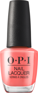 OPI Nail Lacquer, jasnokoralowy lakier do paznokci, szklana butelka z czarną nakrętką, widok frontalny.