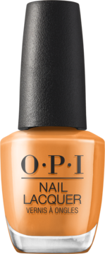 Pomarańczowy lakier do paznokci OPI Nail Lacquer, widok z przodu, z czarną, teksturowaną nakrętką.