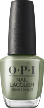 OPI Nail Lacquer, oliwkowo-zielony lakier w butelce z czarną, teksturowaną nakrętką, widok z przodu.