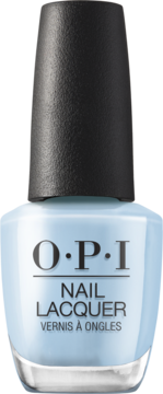 O.P.I. Nail Lacquer, jasnobłękitny lakier do paznokci w szklanej butelce z czarną nakrętką, widok z przodu.