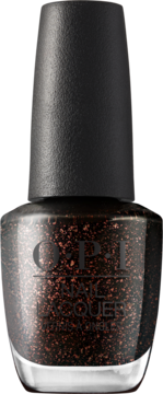 Lakier OPI z czarną bazą i miedzianym brokatem. Szklana butelka z czarną, chropowatą zakrętką, widok z przodu.