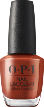 OPI Nail Lacquer w miedzianym odcieniu, klasyczna szklana butelka z czarną, chropowatą nakrętką.