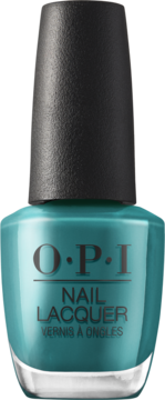 Turkusowy lakier do paznokci OPI Nail Lacquer 15ml, w szklanej butelce z czarną nakrętką, widok z przodu.