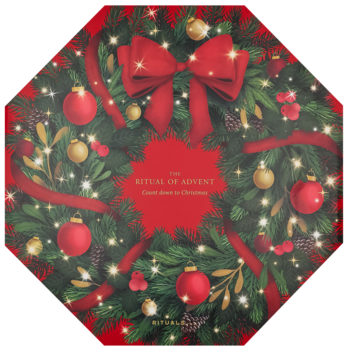 Rituals Wreath Advent Calendar, czerwone pudełko z zielonym wieńcem, bombkami i kokardą, widok z przodu.