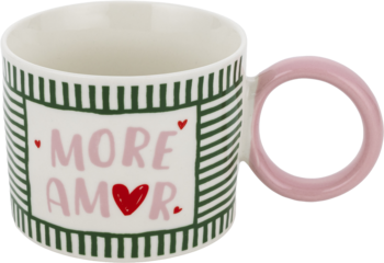 Biały kubek ceramiczny w zielone paski z napisem "MORE AMOR" i sercem. Różowa rączka, widok z przodu.