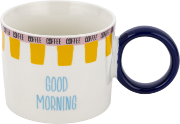 Biały kubek do kawy z napisem 'GOOD MORNING', różowym paskiem 'COFFEE' i żółtymi wzorami, granatowe ucho, widok z przodu.