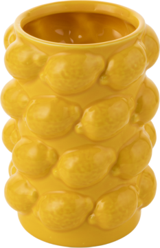 Żółty ceramiczny kubek z wytłoczonymi cytrynami, idealny na drinki, widok z przodu pod lekkim kątem.