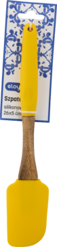 Żółta silikonowa szpatułka kuchenna z drewnianym trzonkiem, w opakowaniu z niebieskim ornamentem.