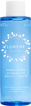 Lumene Nordic Hydra Tonik wzmacniający nawilżenie w niebieskiej butelce, biała nakrętka, widok z przodu.