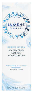 Białe opakowanie Lumene Nordic Hydra Hydrating Lotion Moisturizer 100ml do wszystkich typów skóry, widok z przodu.