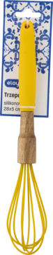 Żółta silikonowa trzepaczka z drewnianą rączką, wisząca na niebiesko-białej karcie produktu, widok z przodu.
