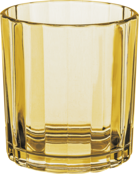 Elegancka złota szklanka typu tumbler z fasetowanego szkła, z pionowymi żłobieniami, pusta, widok z przodu.